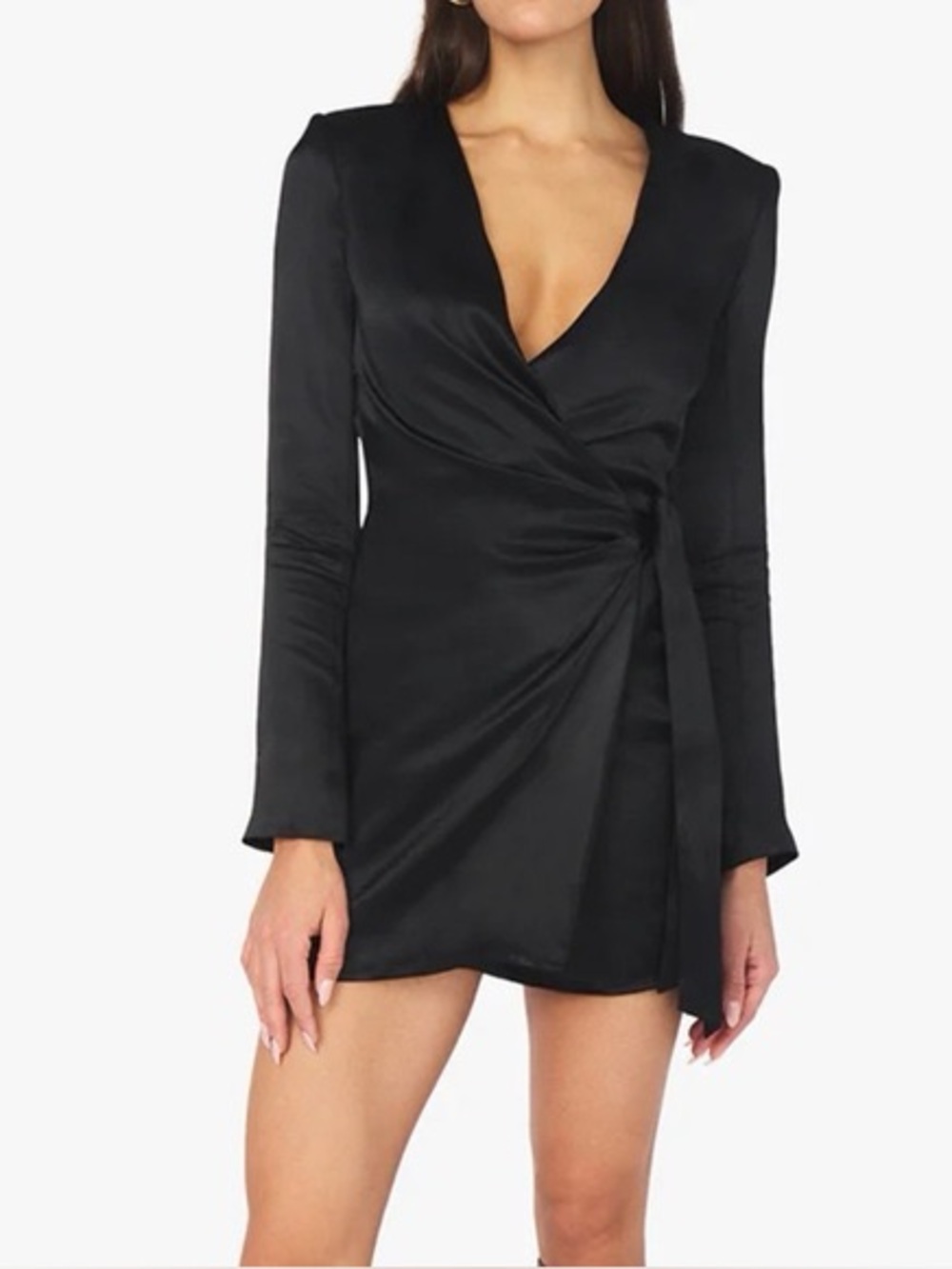 NWT WeWoreWhat Black Satin Wrap Mini Dress with Side Tie